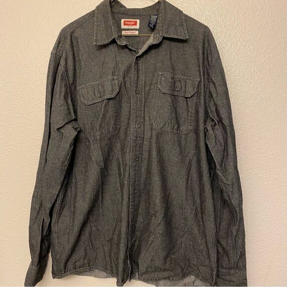 WRANGLER flex for comfort Grey black chambray Jean denim Button-Up Long Sleeve L - Picture 1 of 7